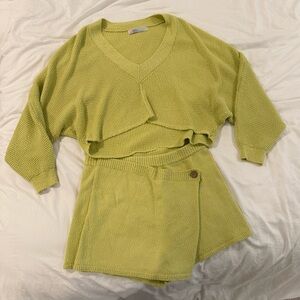 Free People Lime Green V-Neck Cropped Knit Sweater Set
